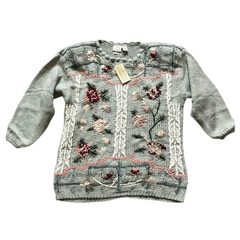 Vintage Floral Hand Knit Sweater Sage Green L Cottagecore Coquette Style